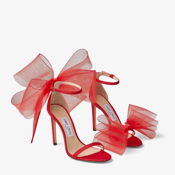 Jimmy Choo Aveline 100 Bow Ankle Strap Sandal Siletto Red (8) NWT - Picture 5 of 5